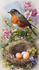 Sticker -  Watercolor illustration of a robin and a nest with eggs in spring.Generative AI.