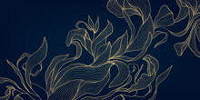 Vector Artdeco Floral Pattern, Gold Flower Wallpaper, Leaves Japanese Style Illustration. Elegant, Fancy Drawing.