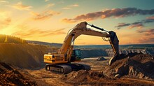 Excavator In Earthworks In An Open Pit Mine. Dig Ore With An Excavator In A Quarry At Sunset. Heavy Construction Equipment And Heavy Machinery During Excavation At The Mining Site. Mining Excavator