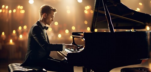 Canvas Print - A young pianist performs on stage against a backdrop of lights