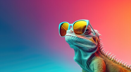 Wall Mural - Chameleon wearing mirrored glasses on a multi-coloured background