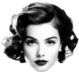 Beautiful brunette woman isolated head in halftone dots texture, isolated black and white vector design element