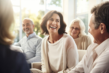 Wall Mural - Cheerful senior retired friends, talking and laughing in a comfortable home setting.