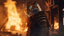 TIGER Wearing Ninja Uniforms, On Village Ruin With Fire Flames Background. Generative AI