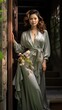 © Papilouz Studio - Sexy elegant adult chinese women wear silk sleeping robe standing pose in the house stair