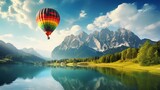 a hot air balloon over a lake