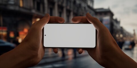 CU Caucasian male using his phone in the street, evening, blank screen mockup