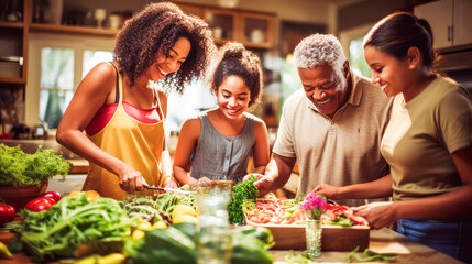 Wall Mural - Culinary Harmony Elderly African American Man Cooking with Three Women in Family Kitchen