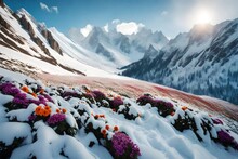 A Mountainous Landscape Covered In A Pristine Layer Of Snow, With Vibrant Flowers Defiantly Blooming In Pockets Of Color, Defying The Winter Chill