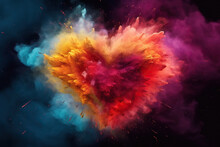 Colorful Powder Heart Shape Love Blowing Up. Holi Powder Blast On Sky, Multicolor Powder Smoke Explosion On Valentine's Day Abstract Background.