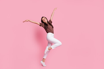 Poster - Full length profile photo of positive adorable person dancing have good mood empty space isolated on pink color background