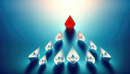 red paper boat leading a fleet of small white origami ships, leadership concept on blue