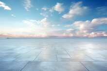 Empty Floor With Clean Eyes View And Beautiful Blue Cloudy Sky Background, Horizon Landscape Scene.