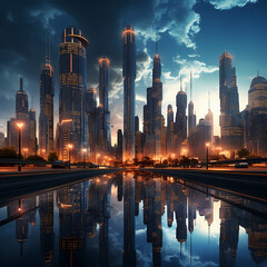 Poster - A futuristic city skyline with sleek, reflective buildings