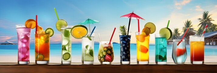 Wall Mural - Cocktails at a beach bar at tropical resort. Summer vacation background