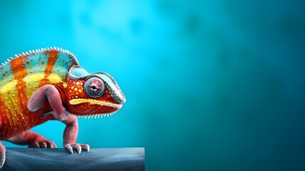 Wall Mural - Colorful chameleon on a blue background, copy space