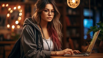 Wall Mural - Digital Nomad Lifestyle: Student Working on Laptop in Cafe