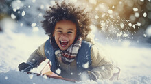 Cheerful Little White Boy Having Fun On A Sled In The Snow. Boy Sliding On Snow In Winter. Kid Playing Outdoors