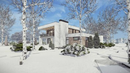 Wall Mural - 4K video rendering of modern cozy house with pool and garage for sale or rent in luxurious style and beautiful landscaping on background. Cool winter day with shiny white snow.