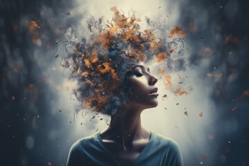 Concept of mental health and psychological burnout. Portrait of a woman in profile with her head disintegrating into particles.