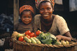 African street vendor, mother and child, selling onions, cabbage, tomatoes