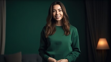 Wall Mural - Beautiful portrait of a young woman smiling wearing a blank green sweater mockup.