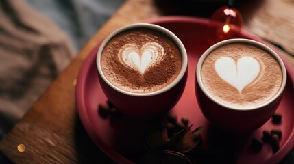 Two cups of coffee with heart-shaped foam on the coffee table. Romantic atmosphere. Romantic date. Love, valentine's day