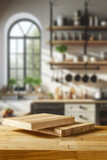 Fototapeta  - Wooden board with wooden pedestal and free space for your decoration. Kitchen interior with shelfs. Sun natural light and shadows. Mockup place for your products. 