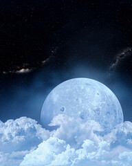 Wall Mural - The sky or space has a large moon. Cumulus clouds cover the large lunar surface and the constellation Nebula is the distant background. 3d rendering.