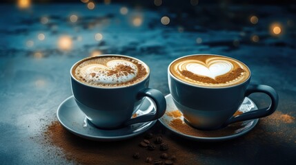 Two cups of coffee with heart-shaped foam on the coffee table. Romantic atmosphere. Romantic date. Love, valentine's day