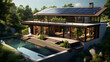 Solar panels on the gable roof of a beautiful modern home. Solar Power Concept. Generative AI