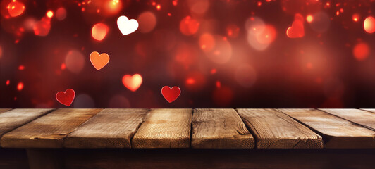 Aufkleber - Valentines day love concept background banner greeting card illustration template texture  - Empty wooden table with red fallen red hearts, glitter and bokeh lights background