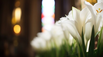 Wall Mural - Close-up of Easter lily flowers, blurred background of a springtime church altar