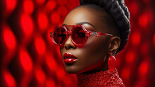 High Fashion Studio Portrait Of Young African American Model In Red. Portrait Of A Woman In Sunglasses , Beautiful Makeup, Luxury Style