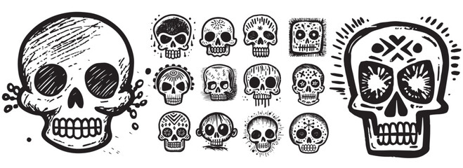 Wall Mural - Set of human skulls, vector heads illustrations on white background, human bones, scary human skulls