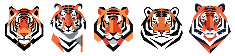 Wall Mural - Set of tiger heads in flat logo style, colorful vector graphics in flat style, silhouette laser cutting