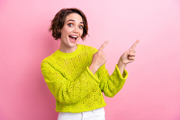 Poster - Photo of young positive girl have fun invites you join private club company directing fingers billboard isolated over pink color background