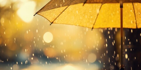 Wall Mural - The weather concept with rain falling on a yellow umbrella,  accompanied by abstract defocused drops and subtle light flare effects