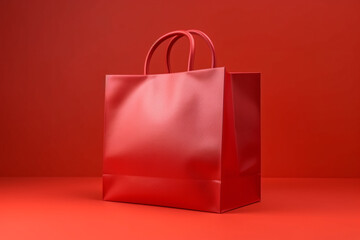 Mock up of a red paper shopping bag isolated on red background, Christmas, Chinese new year and Valentine's day promotion, online shopping.