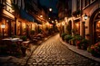 A scenic view of a charming street lined with cobblestones, antique lamps, and quaint cafes, setting the stage for a romantic evening stroll