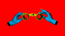 Female Hands Holding Binocular, Opera Glass Against Red Background. Theater Time. Contemporary Art Collage. Concept Of Y2k Style, Creativity, Surrealism, Abstract Art, Imagination. Colorful Design