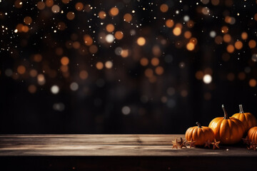 Wall Mural - Halloween pumpkins and candles on wooden table and bokeh background