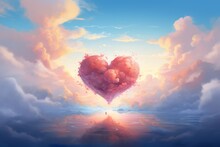 Pink Heart In Clouds, Watercolor Valentines Day Background. Generative AI