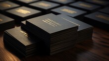 Luxurious Black Business Cards With Shimmering Gold Embossed Text, Neatly Piled Atop A Textured Cardboard Table For A Striking Mockup.