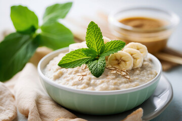 Wall Mural - Delicious oatmeal porridge with bananas, honey and mint. Healthy breakfast food.