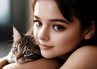 Wall Mural - Little girl and kitten.  Child and cat. Kid hugging her cute kitty. Close up. Adorable domestic pet.