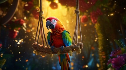 Wall Mural - A majestic parrot perched on a colorful swing in a birdcage