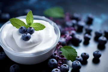Wall Mural - Bowl with healthy natural yogurt, fresh blueberries and mint close up