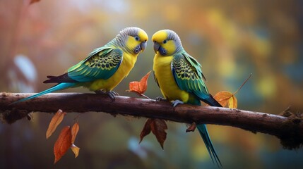 Wall Mural - A pair of colorful parakeets perched on a natural branch