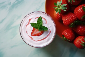 Wall Mural - Bowl with healthy natural yogurt, fresh strawberries and mint close up